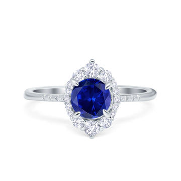Halo Engagement Ring Vintage Round Simulated Blue Sapphire CZ 925 Sterling Silver